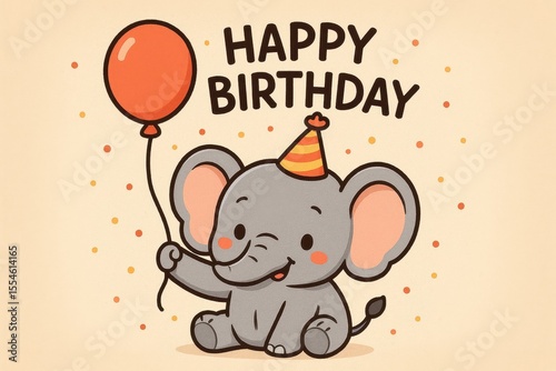 Cute cartoon elephant with orange balloon smiling at birthday party