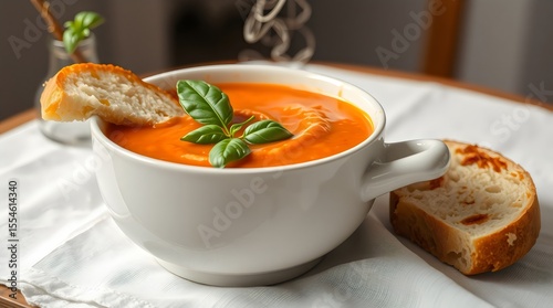 Hot bowl of creamy tomato soup with steam and a slice of bread