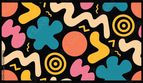 Abstract Retro Seamless Pattern with Colorful Shapes on Black Background