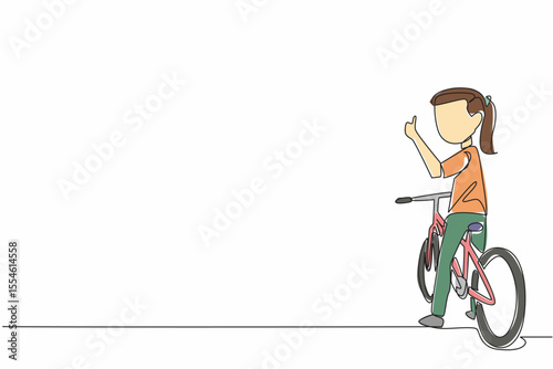 Single one line drawing the little girl sitting on bike looking back with thumbs up gesture. Gain knowledge and health. Biker. National Bike to School Day. Continuous line design graphic illustration