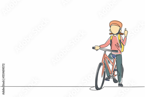 Continuous one line drawing girl stands on bicycle with one hand forms thumbs up gesture. Pumping up adrenaline for knowledge. National Bike to School Day. Single line draw design vector illustration