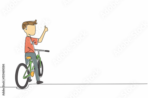 Single one line drawing boy sitting on bike looking back with thumbs up gesture. Pursue knowledge in a healthy way. Biker. National Bike to School Day. Continuous line design graphic illustration