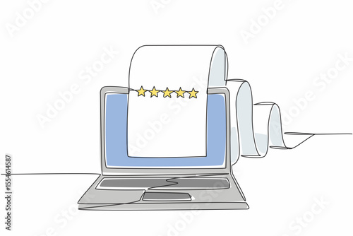 Single continuous line drawing laptop with paper rolling out of the screen to the back. Review page. Providing feedback for quality improvement. Write a Review Day. One line design vector illustration