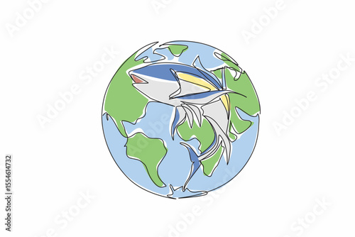 Single one line drawing tuna in the middle of the globe. Symbolizing the even distribution of tuna throughout the world. Good protein. World Tuna Day. Continuous line design graphic illustration