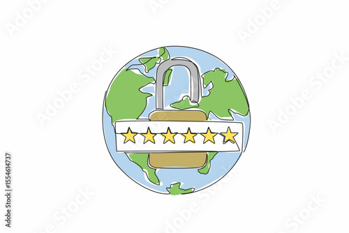 Single one line drawing globe with an open padlock in the middle. Use a unique combination of letters and numbers for the password. World Password Day. Continuous line design graphic illustration