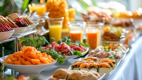 Selection fresh drinks at breakfast buffet
