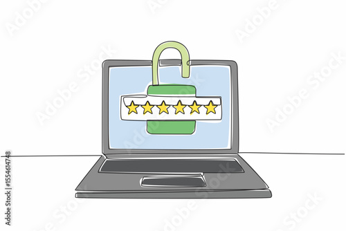 Continuous one line drawing laptop with open padlock logo in the middle of screen. Good information security management. Need password. World Password Day. Single line draw design vector illustration
