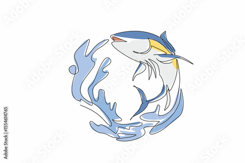 Single continuous line drawing tuna jumps and there is a water splash in the shape of a semicircle. Logo. Emblem. Badge. Related to fish and sea. World Tuna Day. One line design vector illustration
