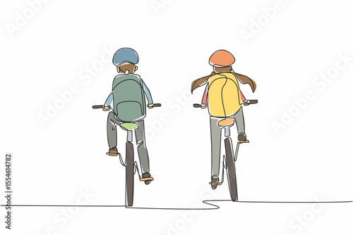 Single one line drawing rear view of a boy and a girl riding a bicycle side by side. Be aware of safety while biking. Bikers. National Bike to School Day. Continuous line design graphic illustration