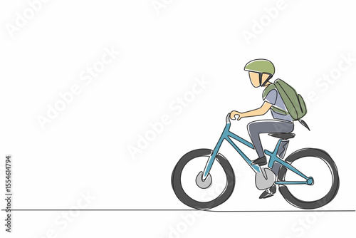 Single one line drawing a boy riding a bicycle while carrying a bag and wearing a helmet. Pedal hard to come first. Biker. National Bike to School Day. Continuous line design graphic illustration