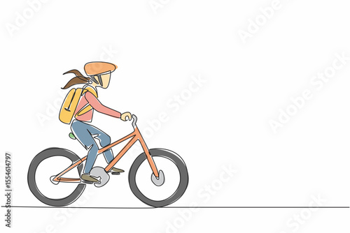 Continuous one line drawing a boy riding a bicycle while carrying a bag and wearing a helmet. Safety first. Morning spirit. National Bike to School Day. Single line draw design vector illustration