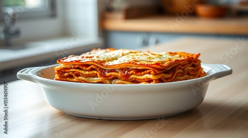 Freshly baked lasagna steaming in a ceramic dish on a countertop