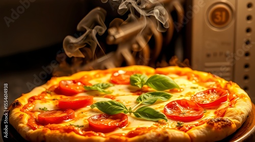 Bubbling hot pizza fresh out of the oven with steam rising from melted cheese