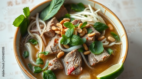 Steaming bowl of aromatic Vietnamese pho topped with fresh herbs