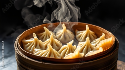 Hot dumplings in bamboo steamer with rising steam on a dark background