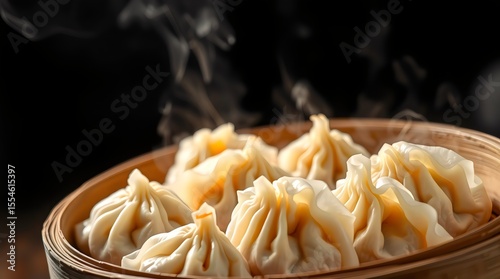 Hot dumplings in bamboo steamer with rising steam on a dark background