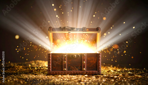 A scene of light shining from a treasure chest containing gold and silver treasures