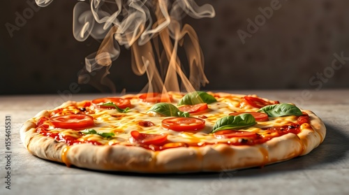 Bubbling hot pizza fresh out of the oven with steam rising from melted cheese