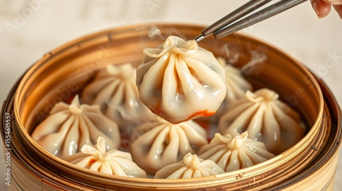 Bamboo steamer filled with piping-hot xiao long bao, steam rising as one dumpling is lifted