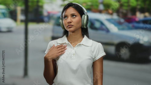 Obraz na plátně Woman wearing headphones stands on a busy street with cars passing by, absorbed in thought, youthful energy and focus apparent in her demeanor