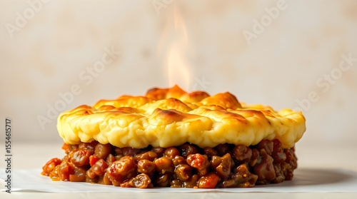Piping hot shepherd’s pie with steam rising from the mashed potato topping