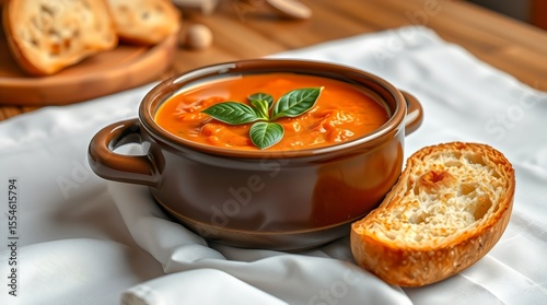 Hot bowl of creamy tomato soup with steam and a slice of bread