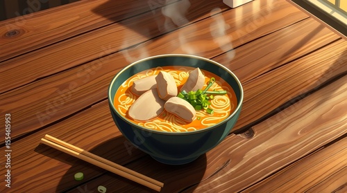 Hot bowl of steaming chicken ramen on a wooden table