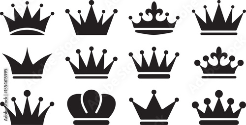 Set of Crown Silhouettes in Black and White Royalty Art, Minimalist Monarch Design