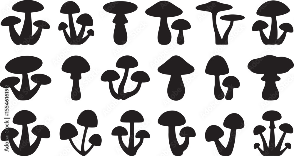 Collection of Mushroom Silhouettes in Black and White Fungal Art, Minimalist Forest Design and Nature Illustration Collection of Mushroom Silhouettes in Black and White Fungal Art, Minimalist Forest Design and Nature Illustration