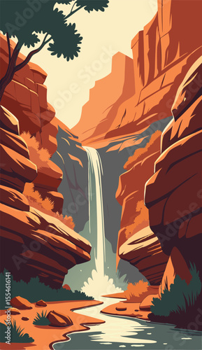Majestic Waterfall Flowing Through Desert Canyon Walls