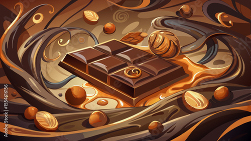 A glossy slab of dark chocolate rests on a stone surface, its corners slightly melting under soft golden light. Cocoa powder is scattered artistically around, with rich swirls of melted chocolate form