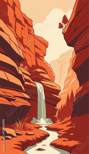 Scenic Desert Canyon with Tall Waterfall View