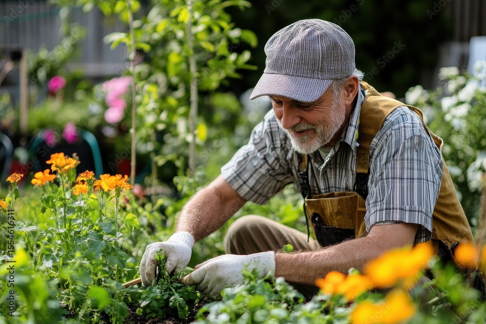 Fototapeta premium Man Working On Lawn. Active Senior Man Gardening in Garden on a Summer Day