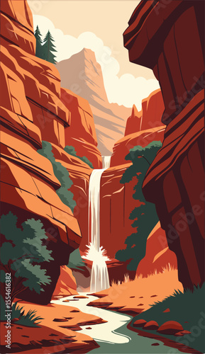 Scenic Desert Canyon with Tall Waterfall View