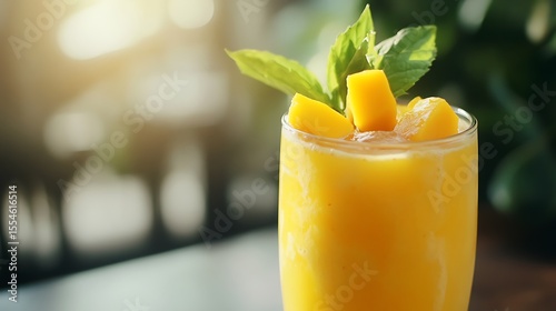 Selective focus of mango mojito with a grey background