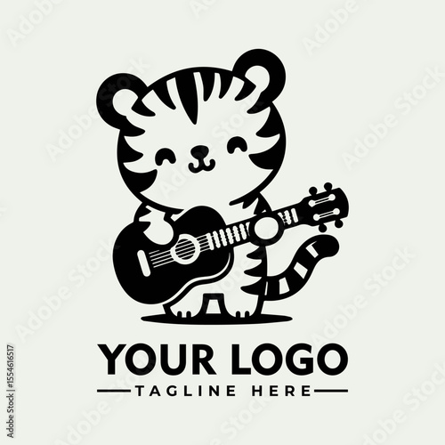 Adorable cartoon tiger serenades with acoustic guitar, logo design.