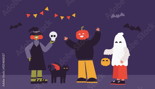 Flat vector illustration of kids in Halloween costumes — ghost, pumpkin, and witch — celebrating at night with decorations. Perfect for seasonal cards, party invitations, posters, and educational mate