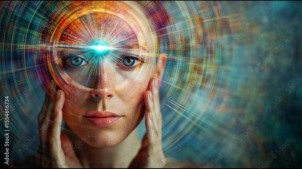 A mystical visual background designed for meditation, focusing on the concept of awakening the third eye. Radiant energy emanates from the forehead area, symbolizing inner vision, higher consciousness