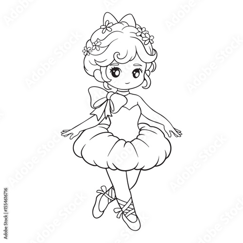 Cute little ballerina in tutu. Black and white vector illustration for coloring book.