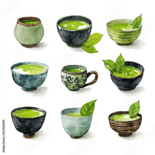 Matcha Illustration: Watercolor Green Tea in Ceramic Bowls with Leaves, Japanese Tisane Concept