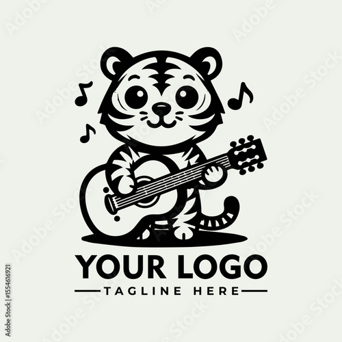 Adorable cartoon tiger cheerfully playing a guitar, surrounded by musical notes.