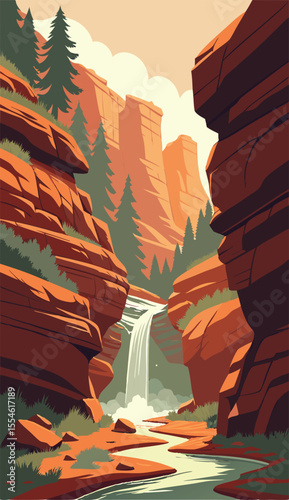 Scenic Desert Canyon with Tall Waterfall View