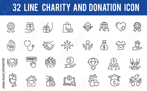 Donation line icon set. related to Help, volunteer, donated, assistance, sharing, solidarity, and more. Linear icon collection. Editable stroke.