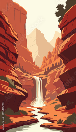Scenic Desert Canyon with Tall Waterfall View