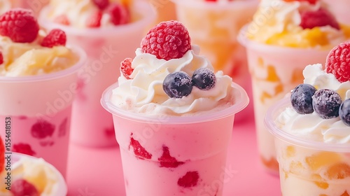 Selective focus on the plastic cups containing the fresh smoothies