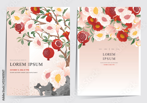  Vector Illustration template set of a Flowering and Fruiting Pomegranate Tree in Traditional Korean Minhwa Style.  