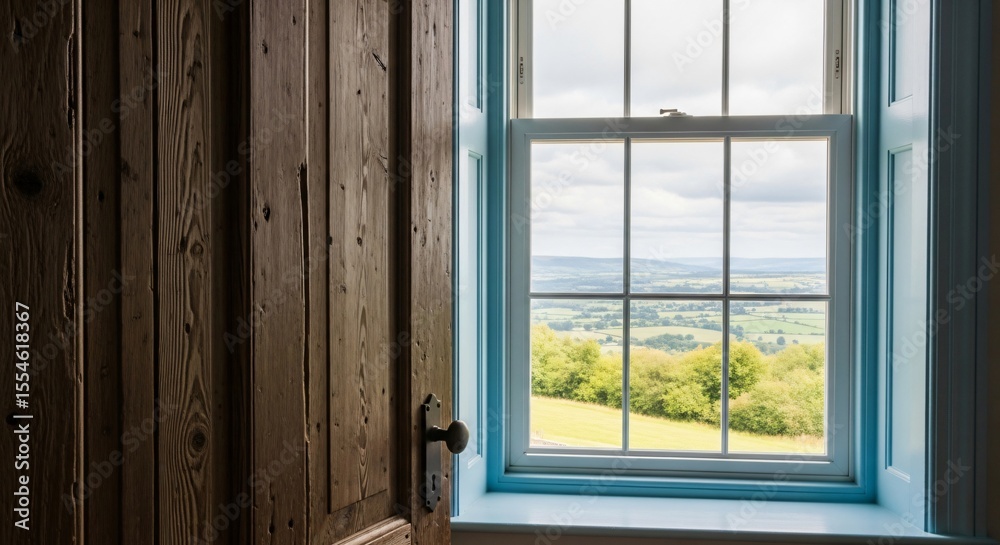 A view through a window with a blue frame next to a wooden door in a room with natural light A view through a window with a blue frame next to a wooden door in a room with natural light