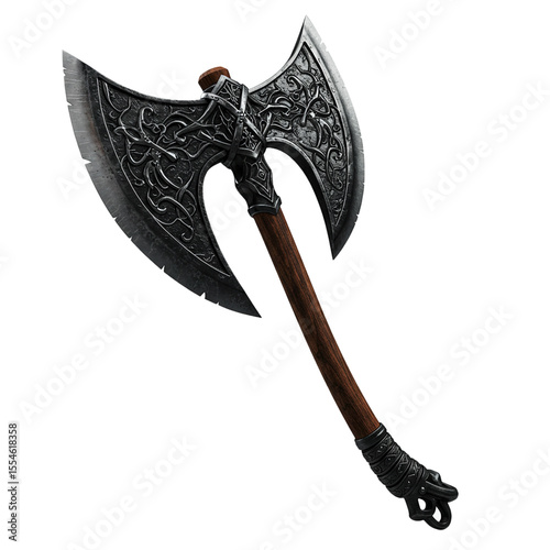 ornate double bladed axe fantasy weapon isolated on white background 