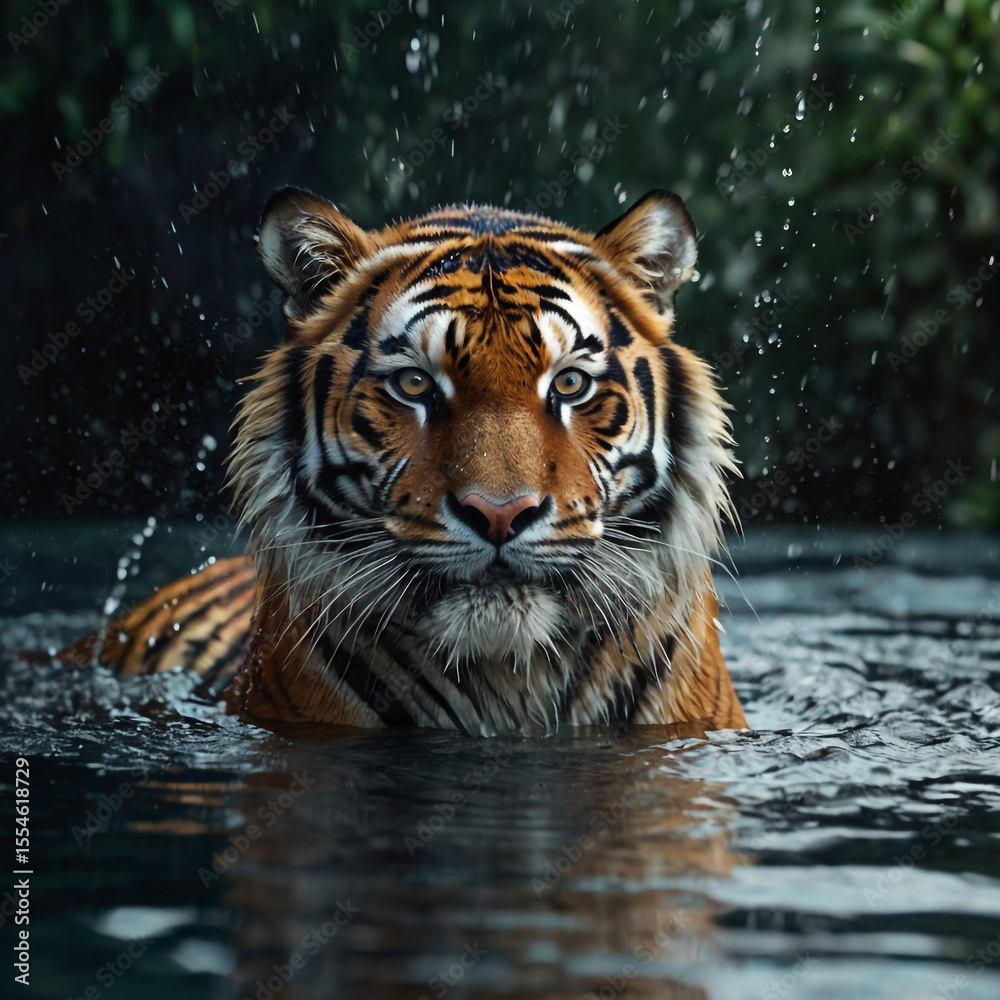 Fototapeta premium A captivating close up of a tiger in water with rain falling around it showcasing its intense gaze and striking orange and black stripes