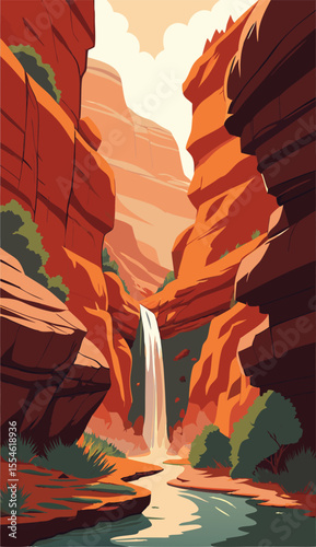 Scenic Desert Canyon with Tall Waterfall View